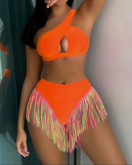 Solid Color Fringe Hem Bikini Set Casual Stylish Chic Swimsuit For Beach Vacation Swimwear For All Seasons
