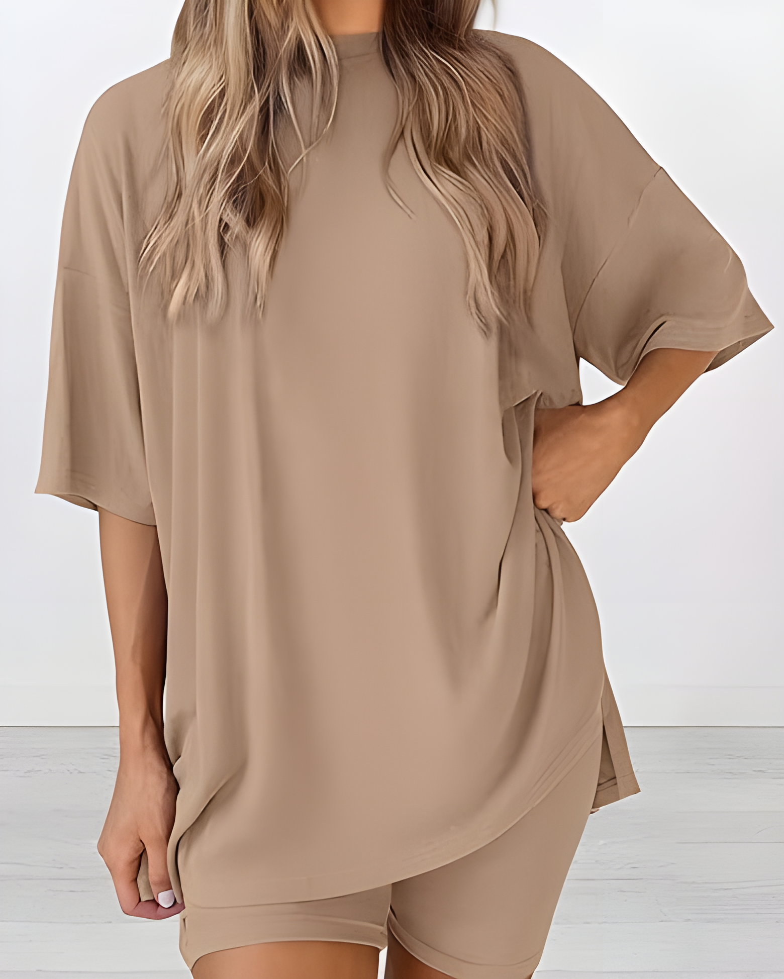 Summer Casual Two-Piece Lounge Set Oversized Split Hem Shirt