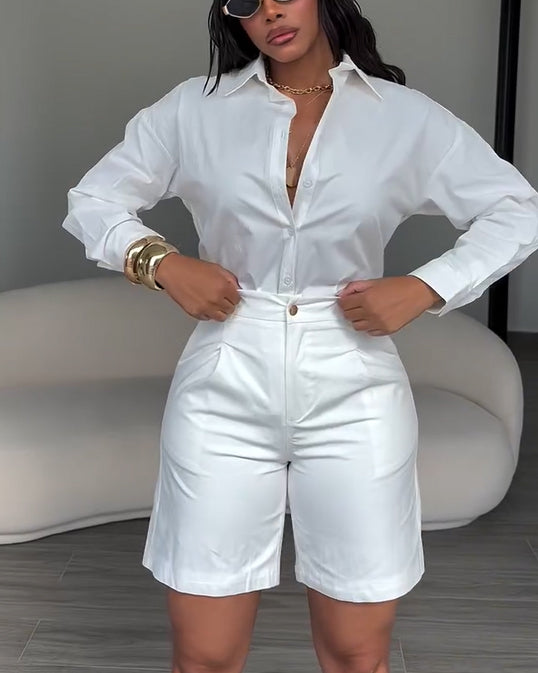 2 Piece Sets For Elegant Button-Down Shirt Paired with Tailored Bermuda Shorts