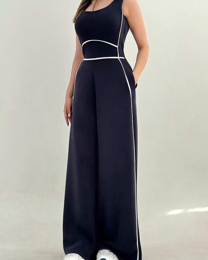 Sleeveless Wide-Leg Jumpsuit with Contrast Piping