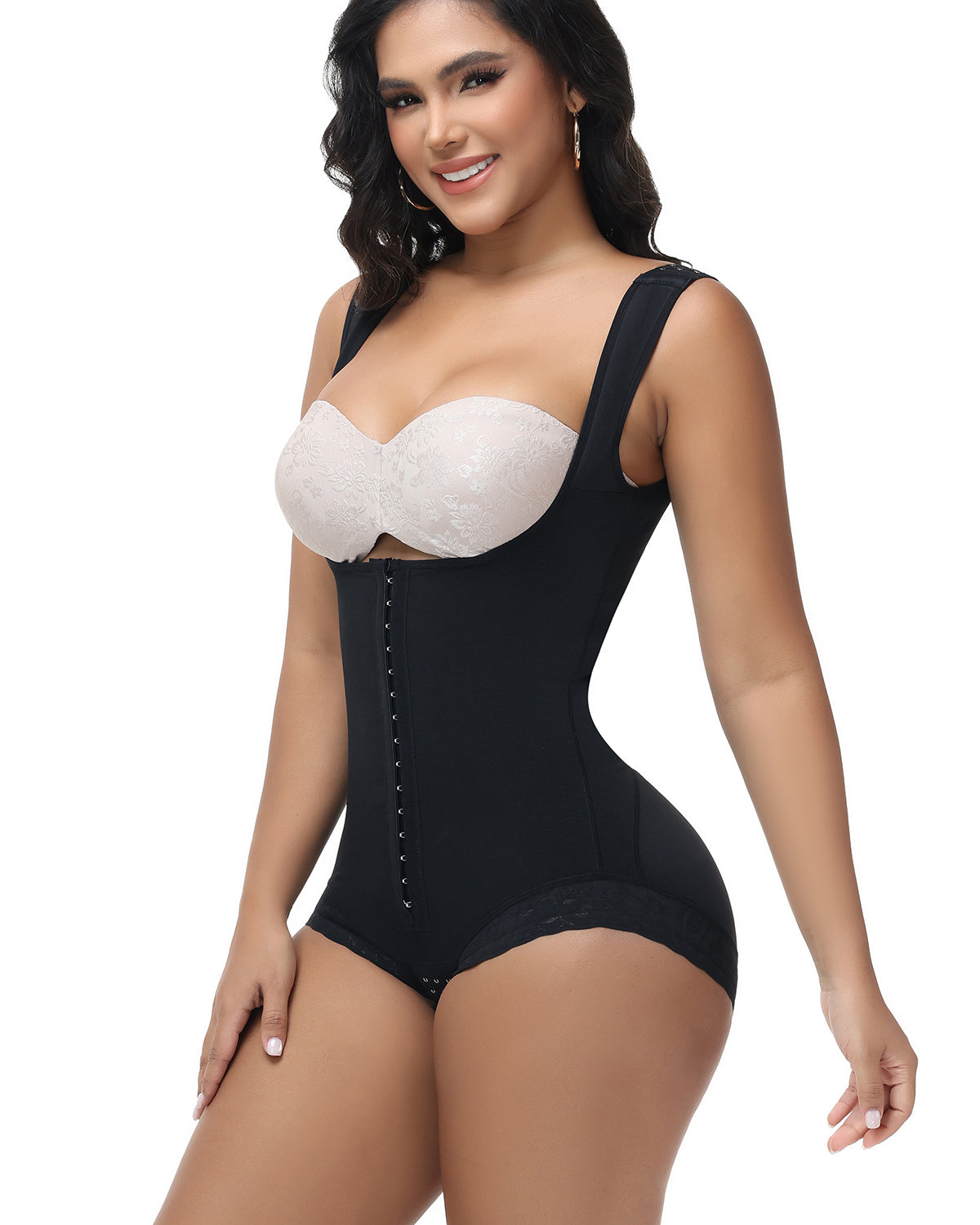 Short One-Piece Eye N Hook Shapewear With Wide Straps Tummy Control Fajas Butt-Lifting Slimming Bodysuit