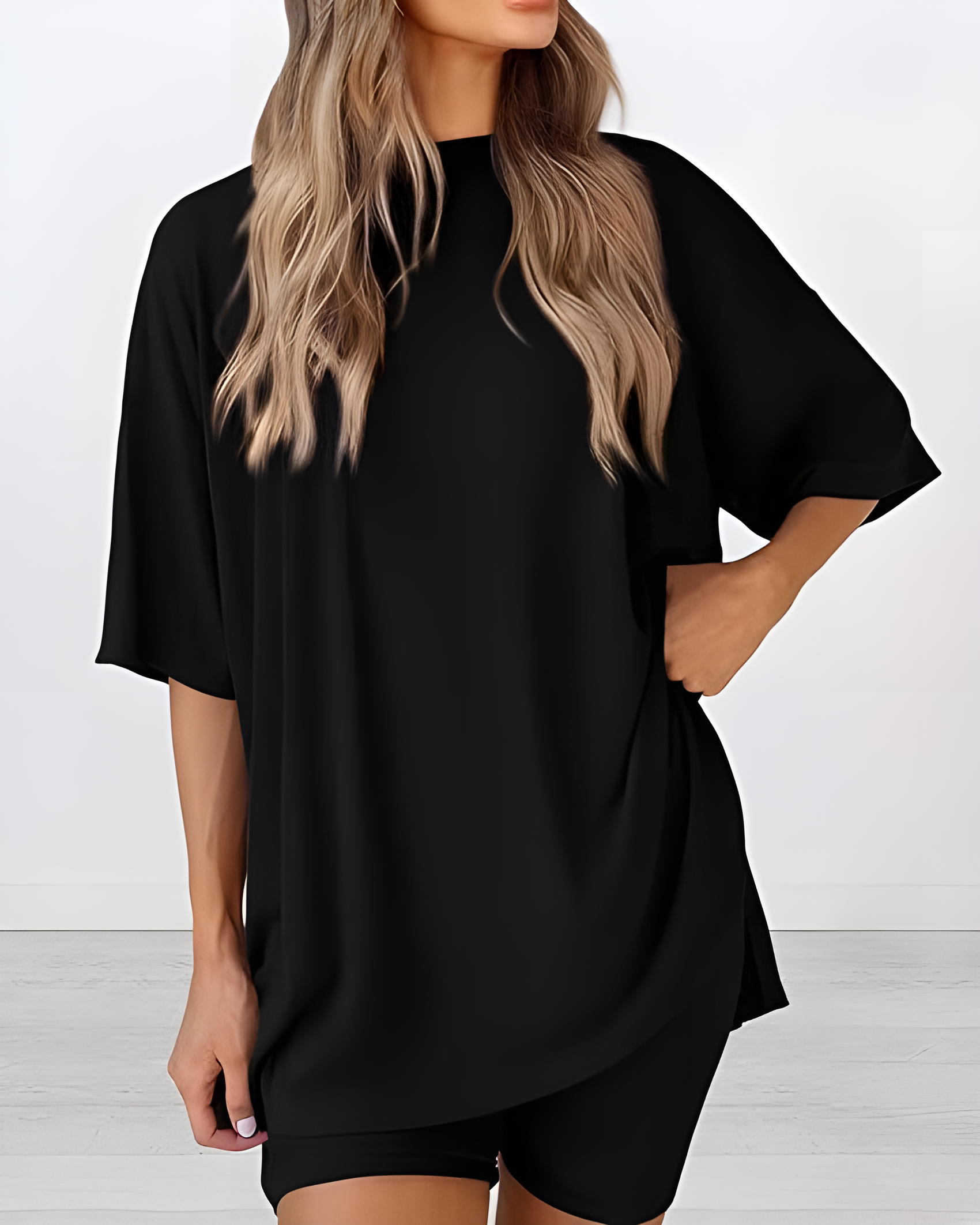 Summer Casual Two-Piece Lounge Set Oversized Split Hem Shirt