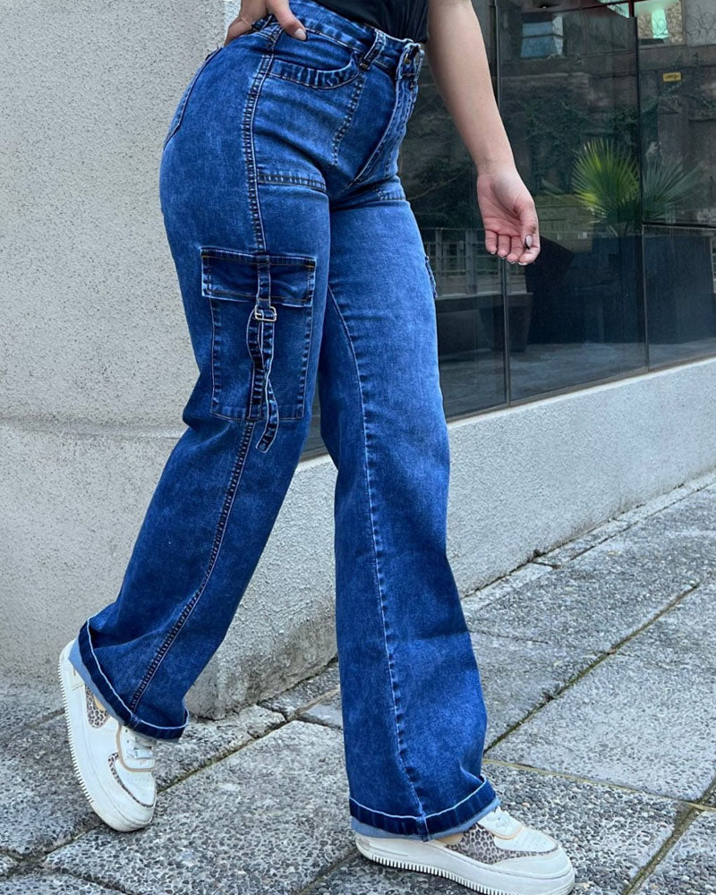 High Waist Cargo Jeans Flap Pocket Wide Leg Denim Pants