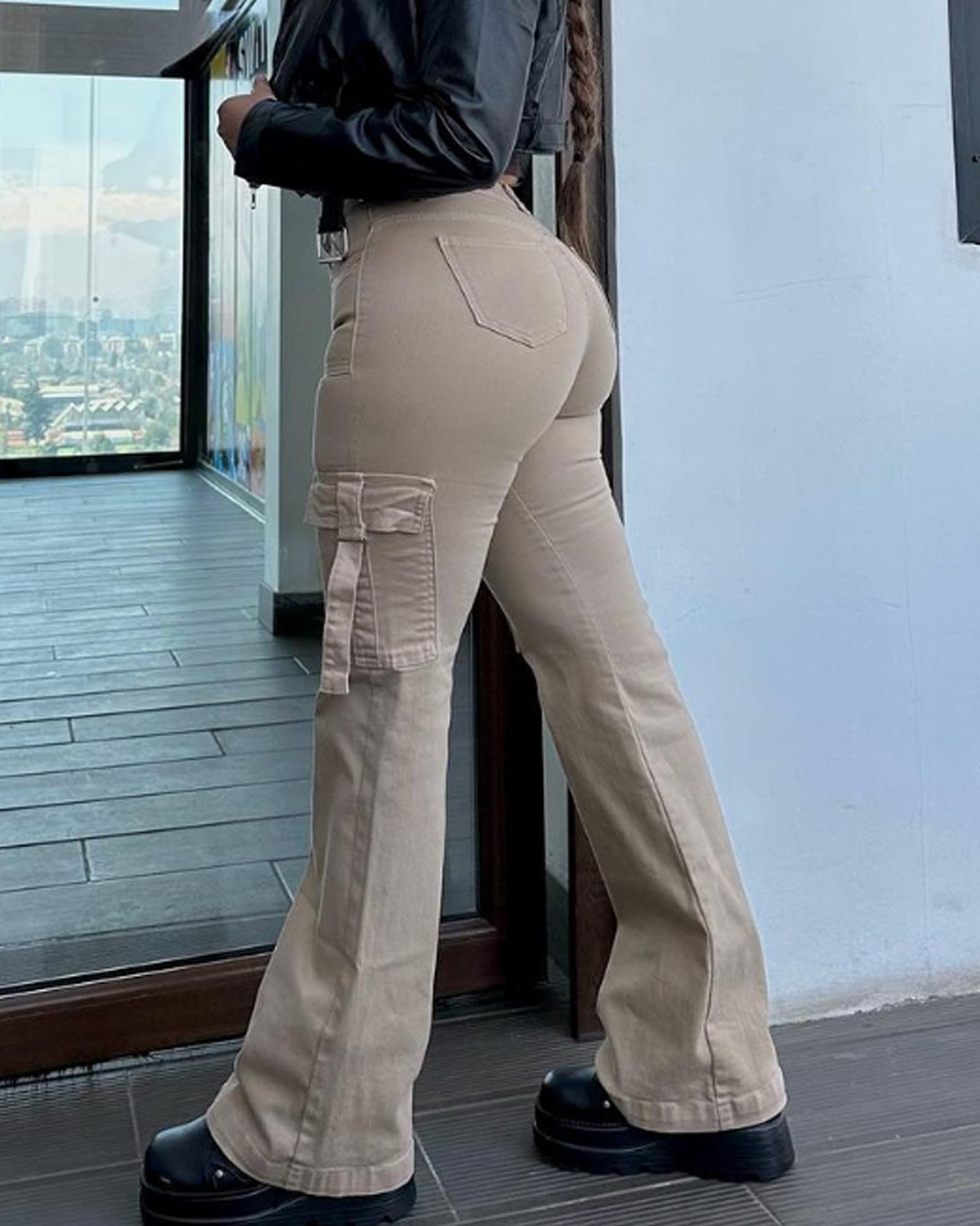 High Waist Cargo Jeans Flap Pocket Wide Leg Denim Pants