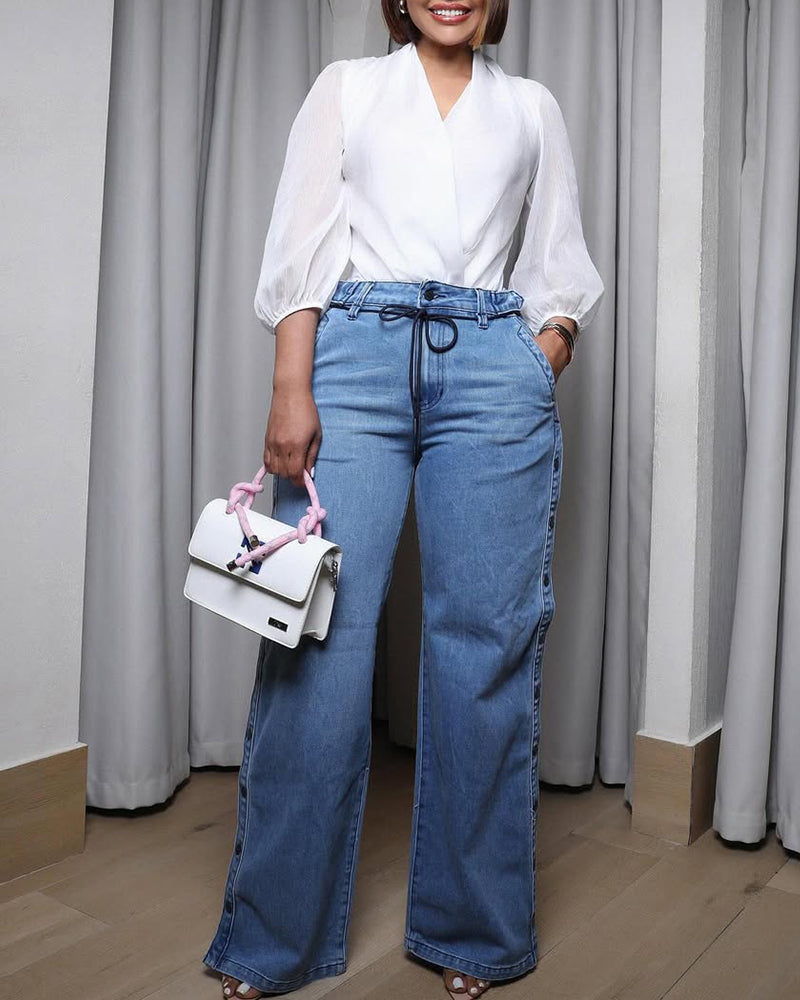Straight Leg Wide Legs High Waist Baggy Snap Button Side Jeans