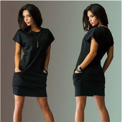 Clothing Casual Short Sleeve O-Neck Black Blue Dresses Slim Pocket Bodycon T Shirt Dress