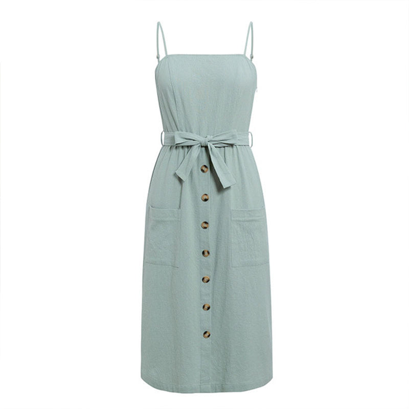 solid color button cotton strap bow A-line dress