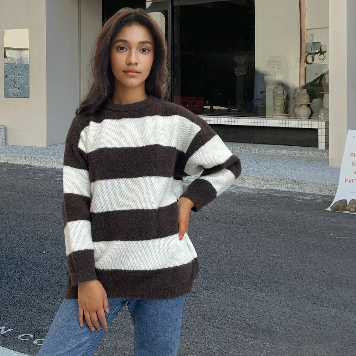 Round Neck Long Sleeve Knitted Black And White Stripes Contrast Color Wool Tops Women