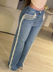 Beaded Tassel Trim Straight Leg Jeans
