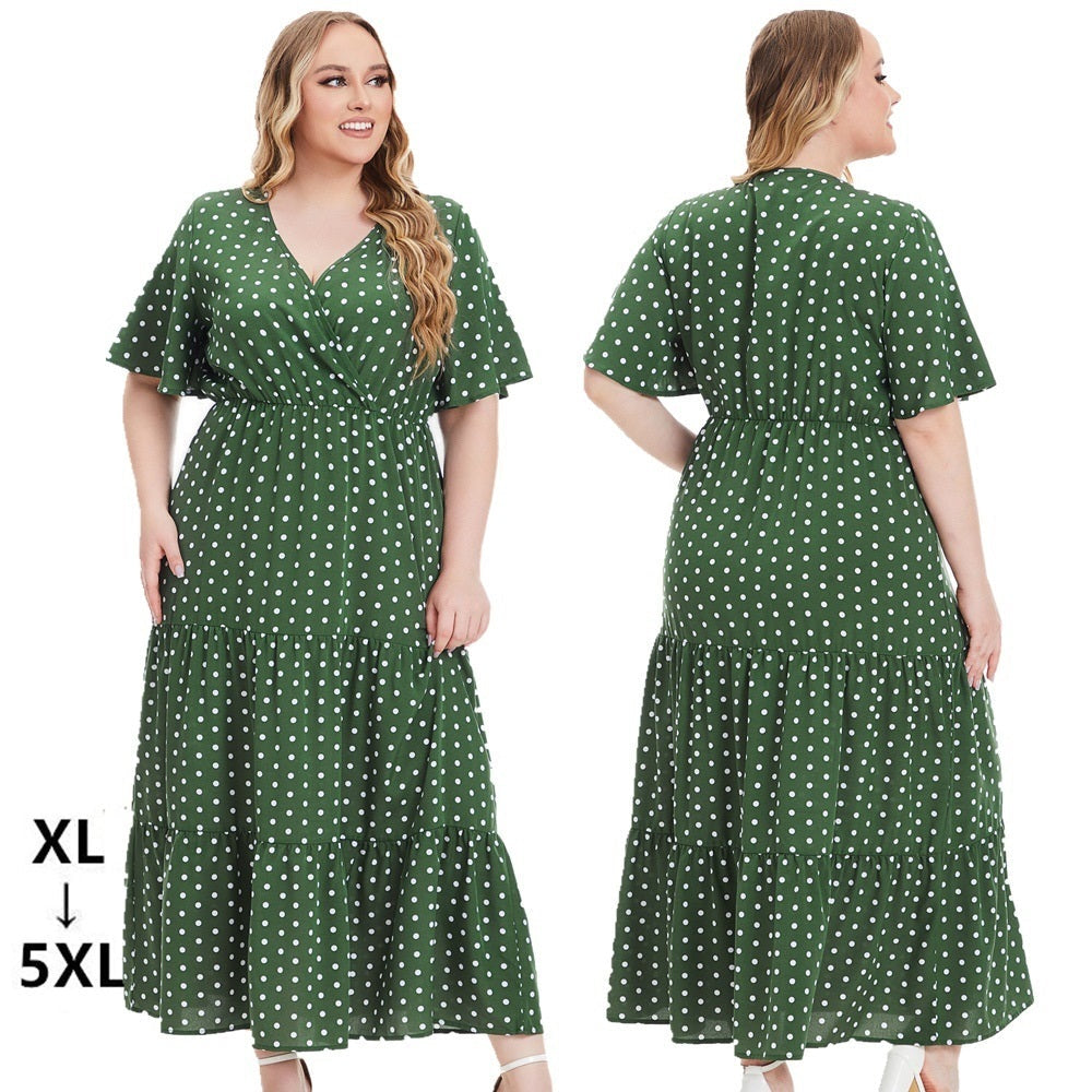 Plus Size For Plump V-neck Polka Dot Short Sleeve Dress