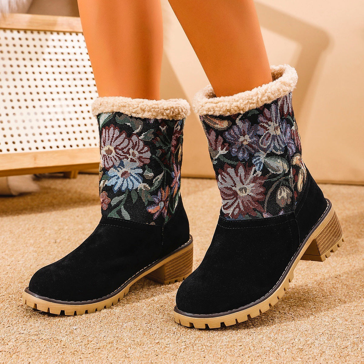 Flowers Embroidered Snow Boots Ethnic Style Platform Thick Square Heel Mid-tube Boot Warm Cotton Shoes For Women