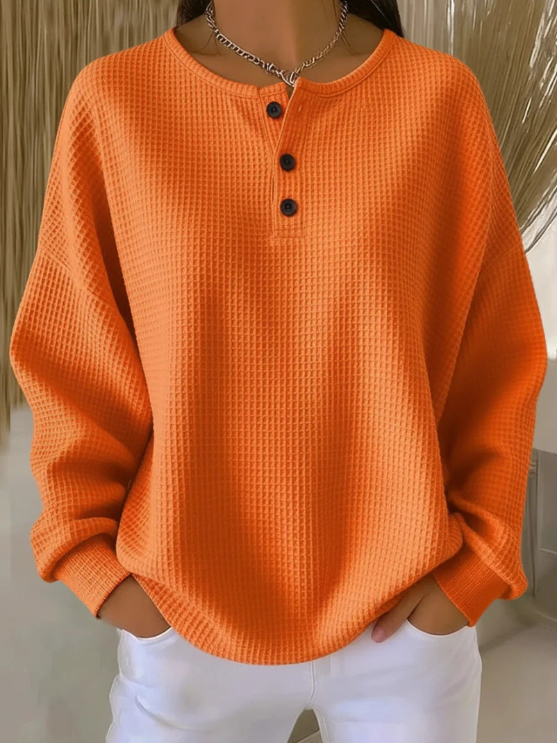 Ins Waffle Long-sleeved T-shirt Solid Color Buttons Round Neck Pullover Top Clothing