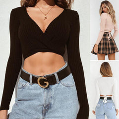 Ladies Slim Crop Tops Long Sleeve T Shirt Casual Solid V Neck Knitted Short Tops