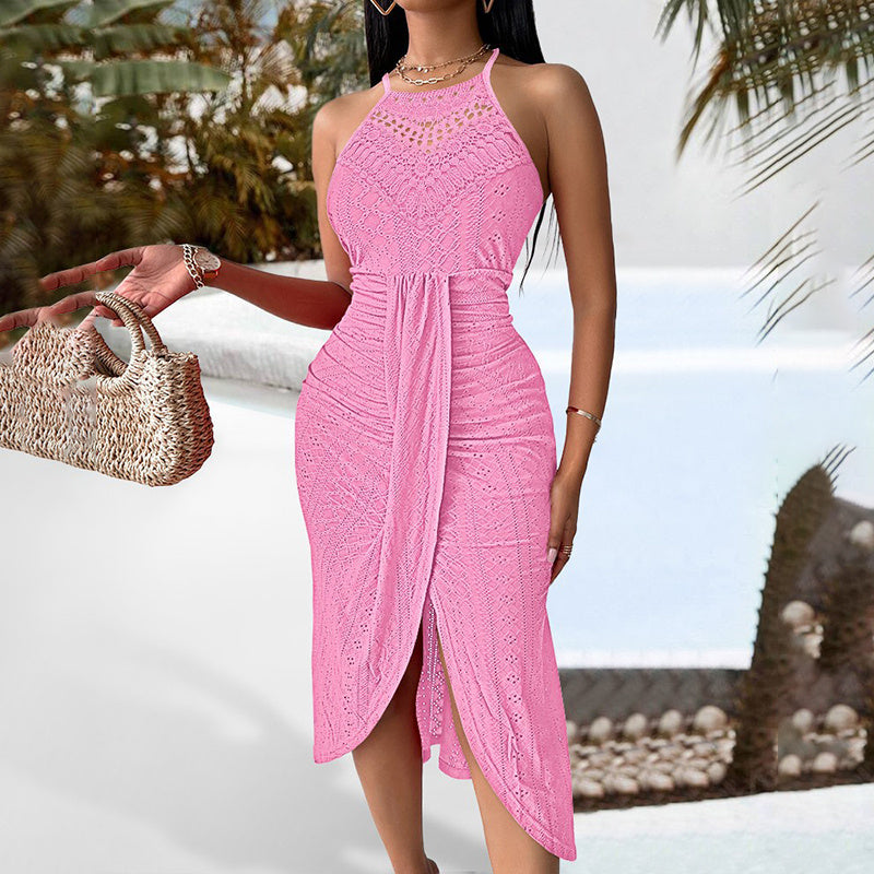 Halter Neck Ruched Bodycon Midi Dresses Elegant Sleeveless Cocktail Party Dress