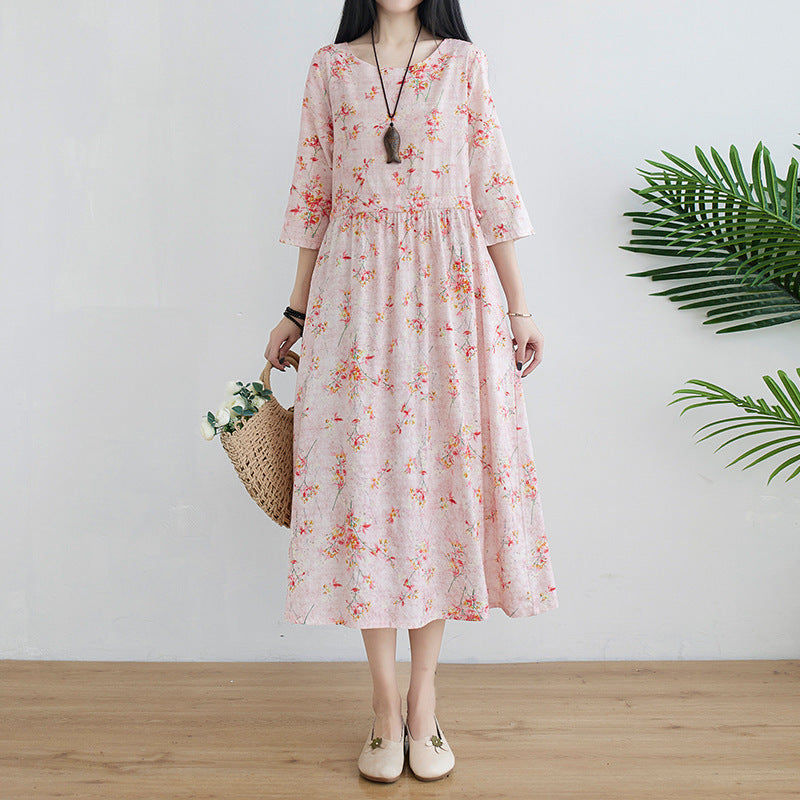 Cotton And Linen Literary Retro Dress Loose Large Size Waist Dress