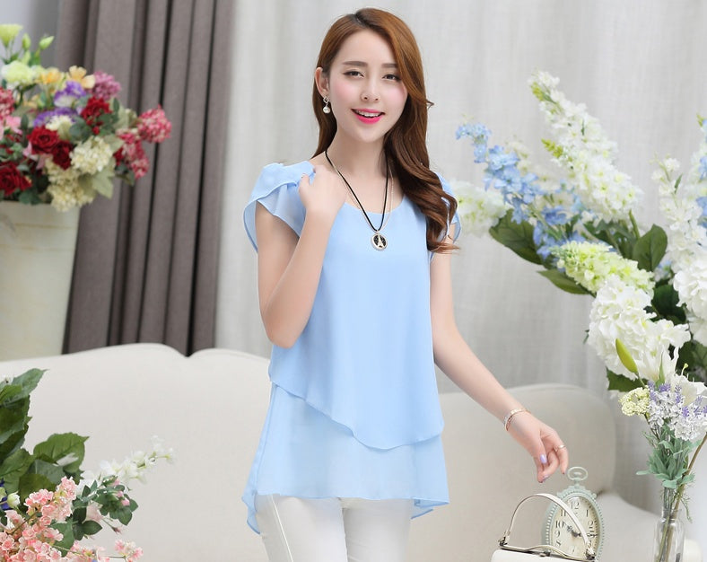 Blouse Loose Shirt O-Neck Chiffon Blouse Female Short Sleeve Blouse Plus Size 5XL Shirts Tops