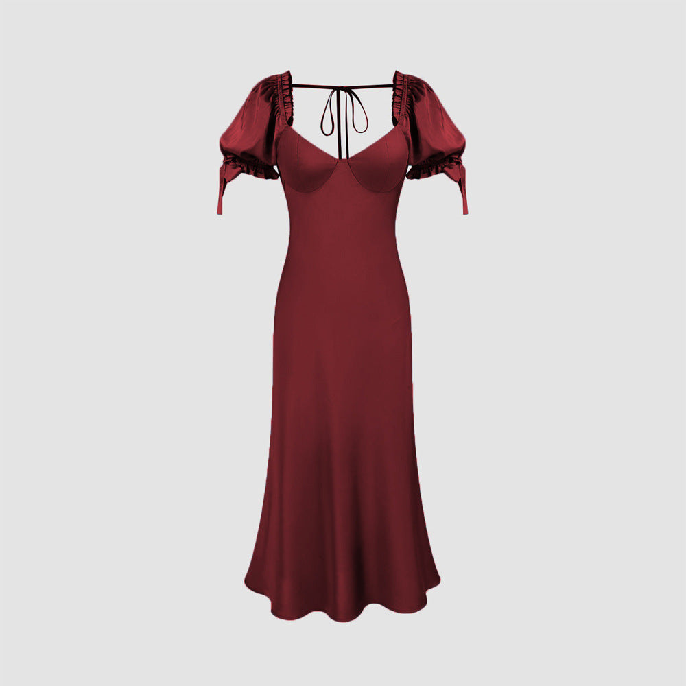 Waist Fishtail Skirt Party Party Satin Satin Red Dress