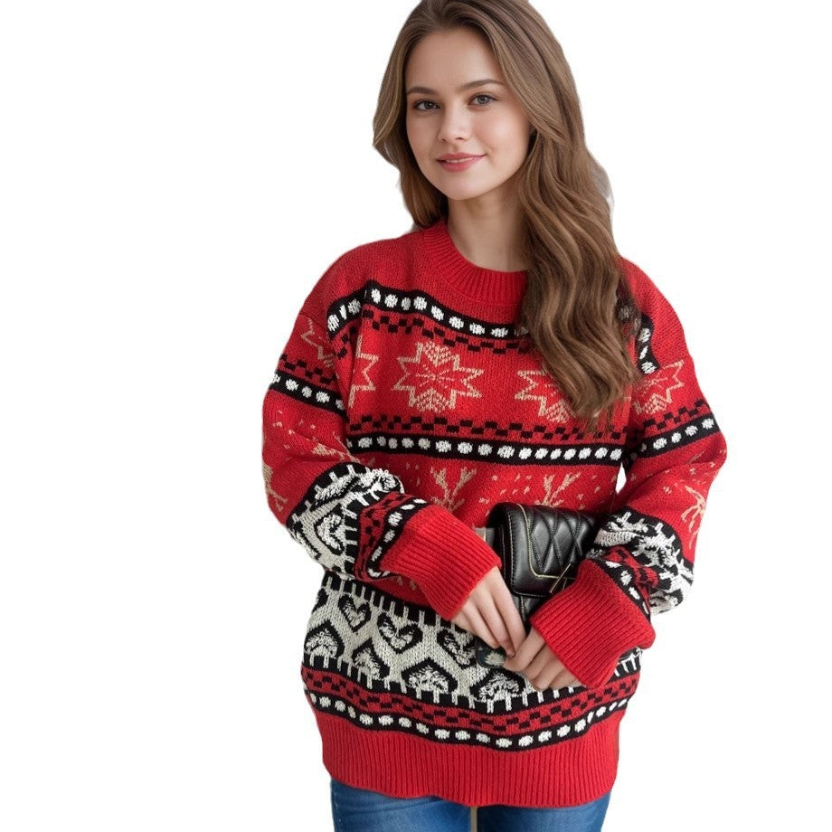 Christmas Casual Red Deer Jacquard Long-sleeved Round Neck Sweater