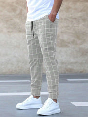 Plaid Print Pants Casual Drawstring Trousers Men's Clothing