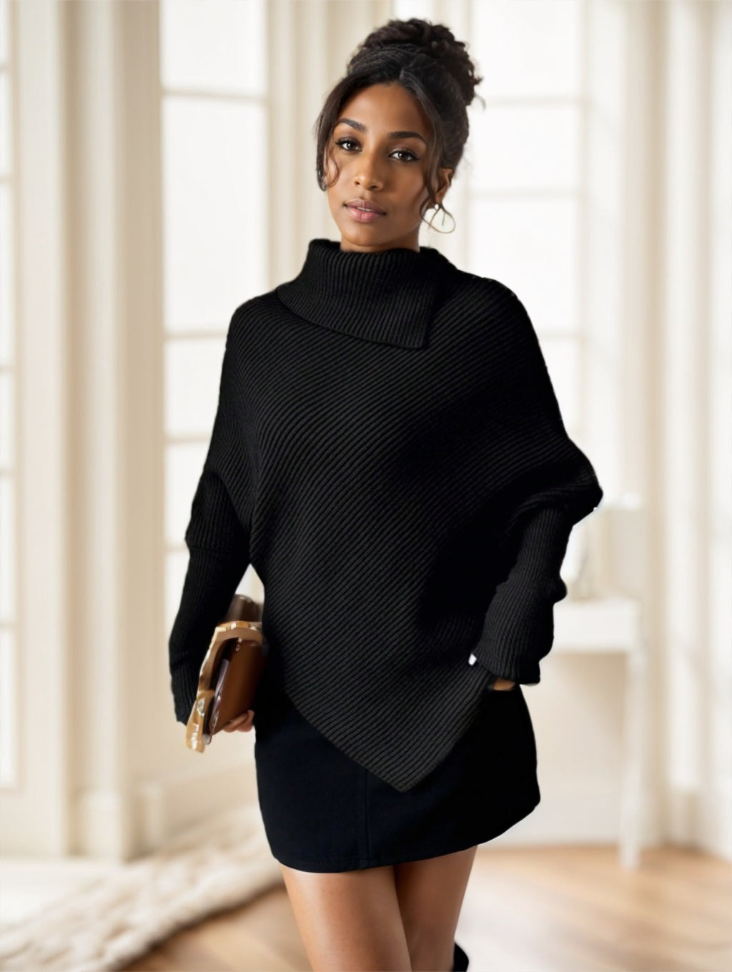 Black Asymmetrical Turtleneck Sweater