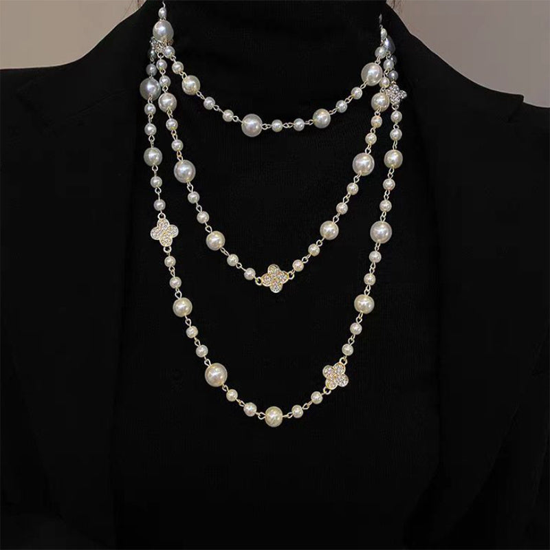 Retro Multi-layer Pearls Necklace Long Sweater Chain Versatile Accessories For Women