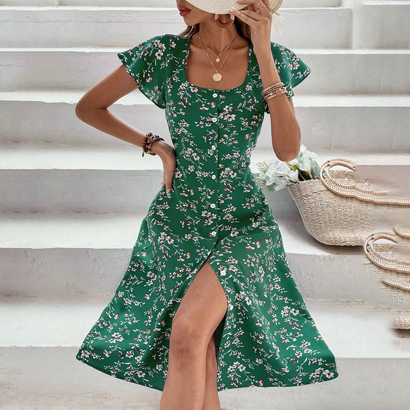 Floral Print Maxi Dress Button Up Split Long Flowy Bohemian Beach Party Dresses