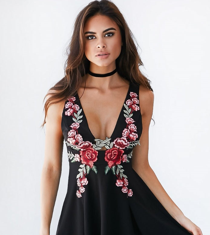 Vintage Embroidered Deep V Dress