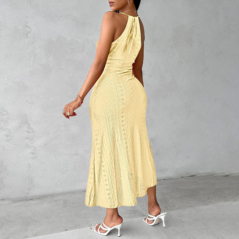 Halter Neck Ruched Bodycon Midi Dresses Elegant Sleeveless Cocktail Party Dress