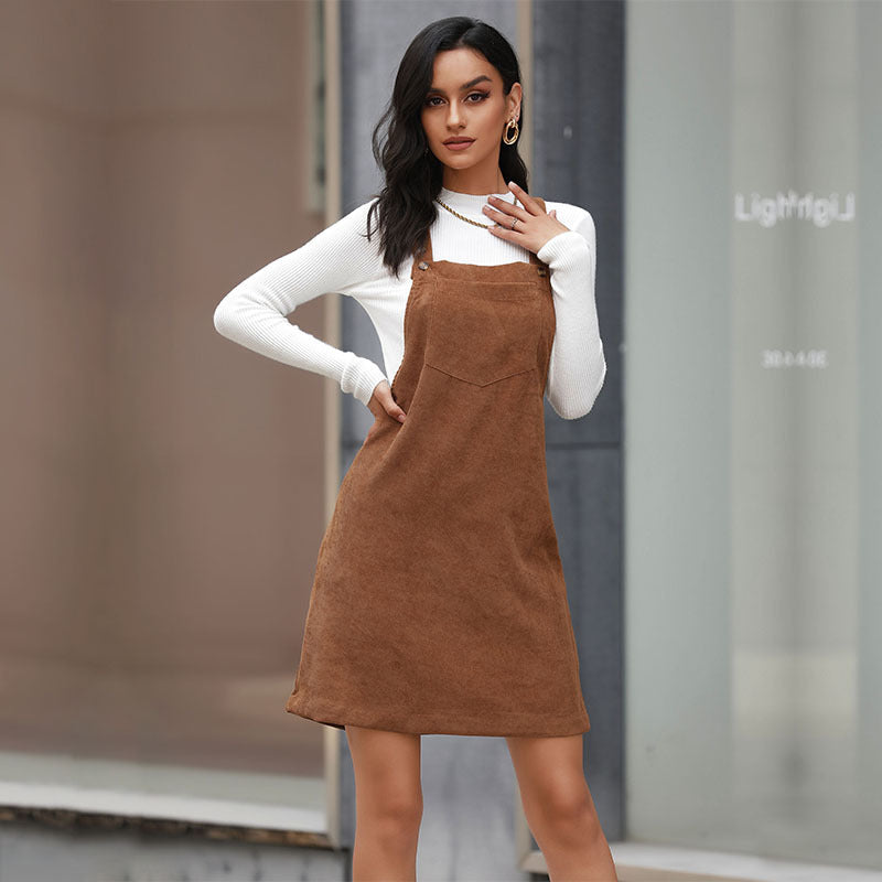 And Cross-border Design Retro Corduroy A- Line Strap Dress