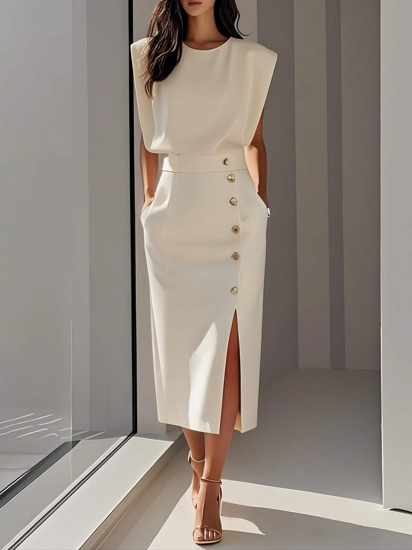 Split Metal Button Dress Women