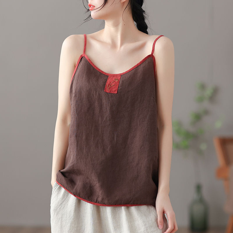 Thin Cotton Linen Top Ladies Embroidered Vest