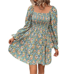 All-match Beach Print Square Collar High Waist Casual Dress
