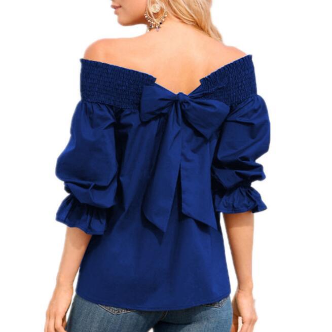 Off Shoulder Tops Spring Strapless Blouse Bowknot Slash Neck Shirts Casual Loose Blusas Plus Size