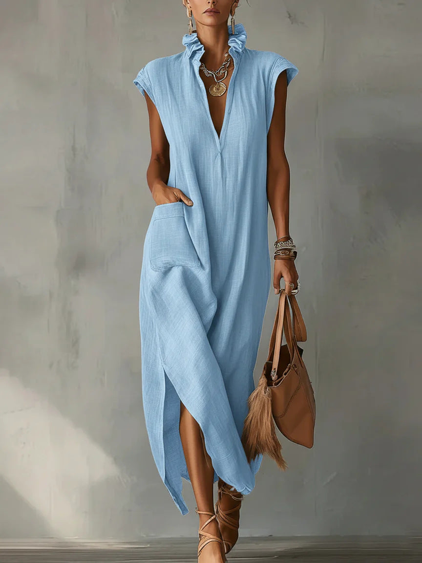 Cotton-Linen Sleeveless Solid-Color Dress