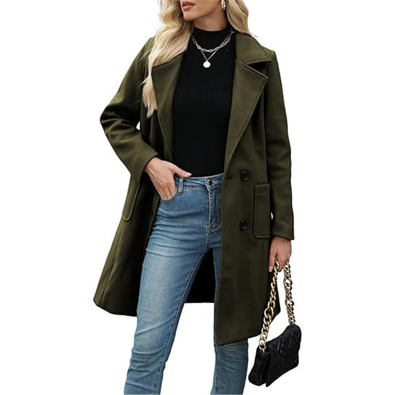 Korean Style Slim Mid-length Double Breasted Turn-down Collar Coat