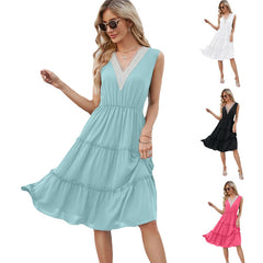 V-neck Dresses Sleeveless Pleated Ruffle Elegant Dress Beach Summer