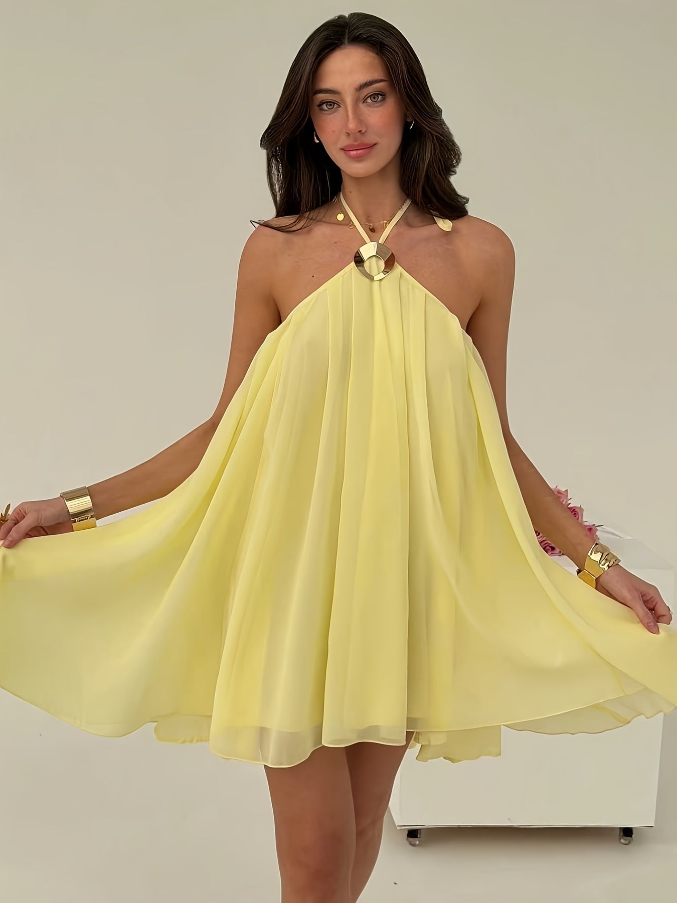 Solid Color Metal Decorated Backless Strap Mini Dress Suitable For Going Out And Dating