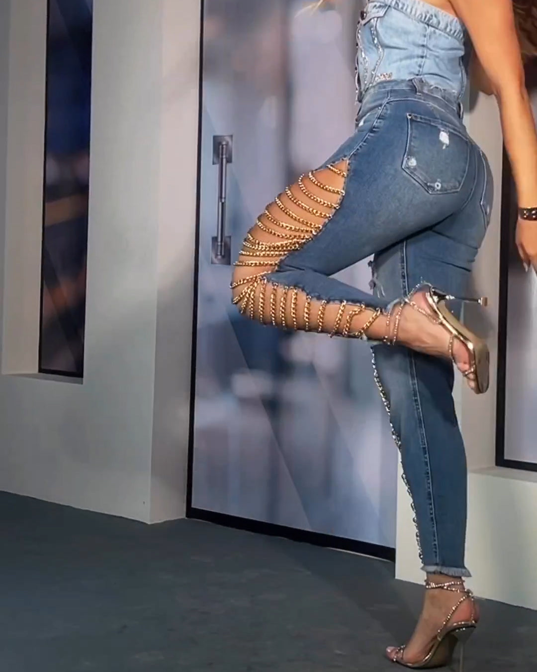 High Rise Destroyed Trendy Chain Raw Hem Lace Up Sides Zipper Button Denim Jeans