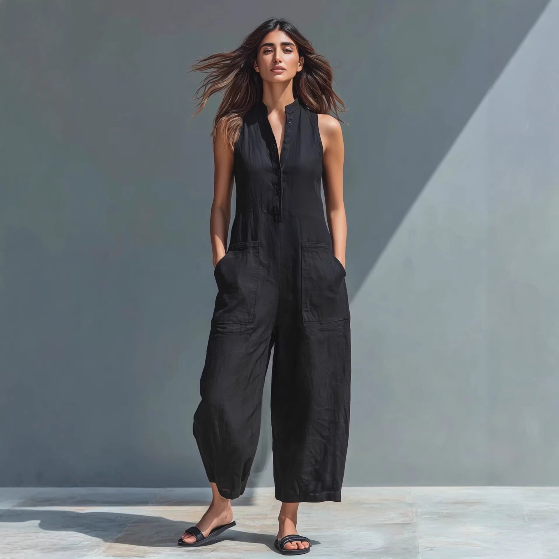 Casual Womens Buttoned Stand Collar Sleeveless Loose Jumpsuit