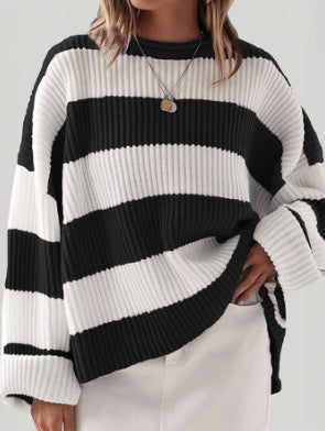 Loose Striped Sweater Casual Long Batwing Sleeve Round Neck Pullover Knit Tops Clothing