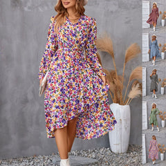 Flowers Print Long Sleeve Dress Ruffled Commuter Temperament Dresses Womens Clothing