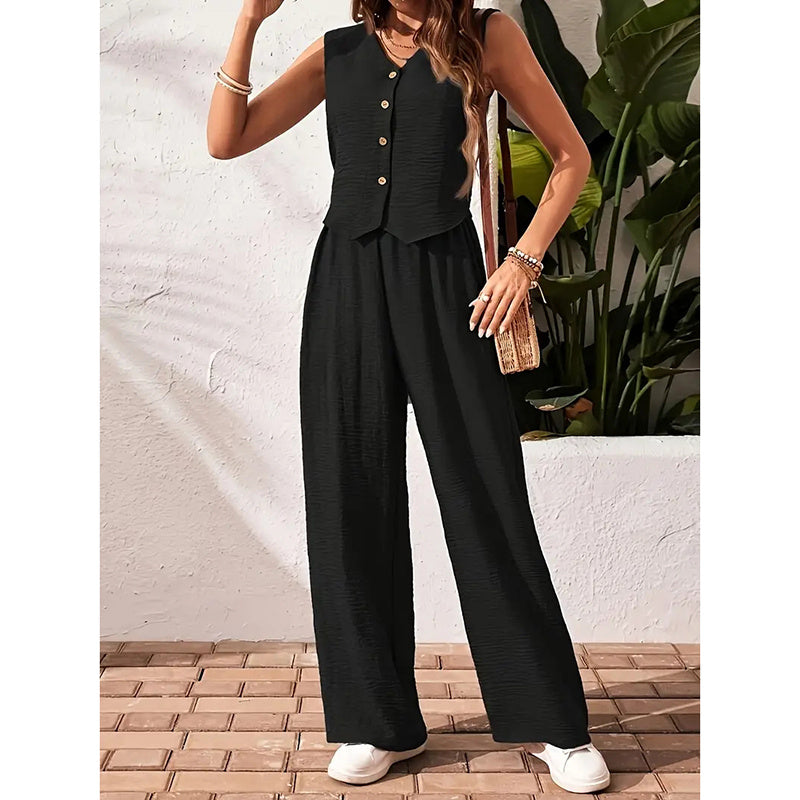 Womens Two Piece Outfits Button V Neck Crop Vest Blazer And Wide Leg Pants Suit Matching Sets