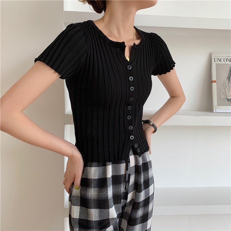 Style High Waist Cropped Short Slim Top Short Sleeve Knitted Cardigan