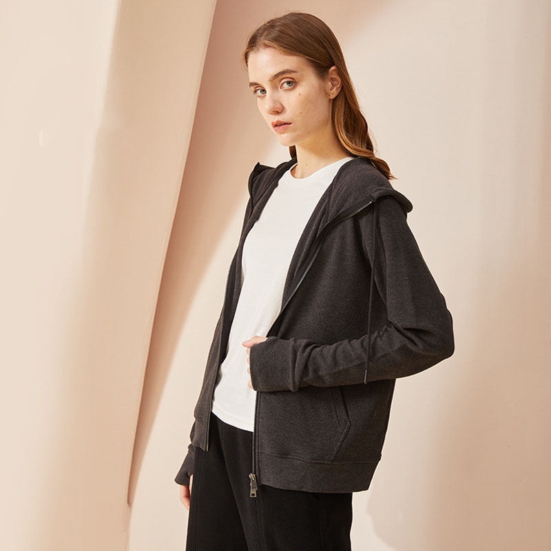 Fall Coat Double Zipper Hooded Long Sleeve Warm Cardigan Women