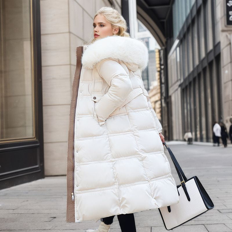 Slim Long Jacket With Fur Hood And Belt Solid Hooded Coat Warm Clothing For Women