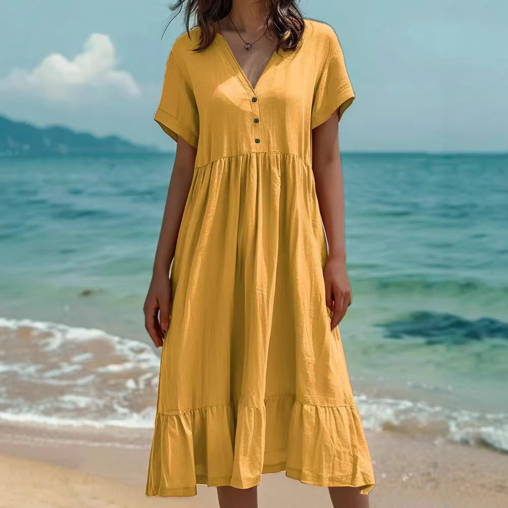 Solid-color Short-sleeve Pleated Dress