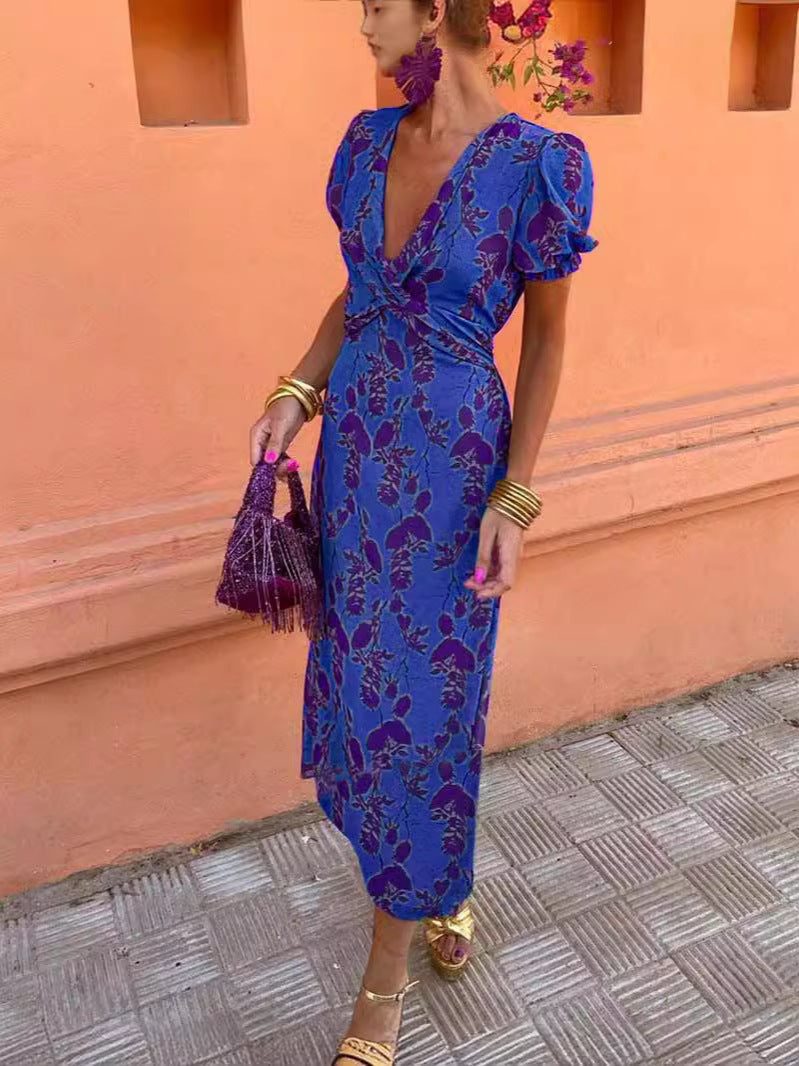 V-neck Short-sleeved Dress Flowers Printed Slim Beach Dresses For Clothing