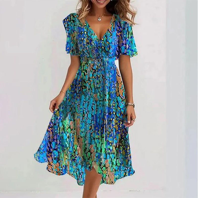 Flowers Printed V-neck Dress A-line Short-sleeved Dresses For Women