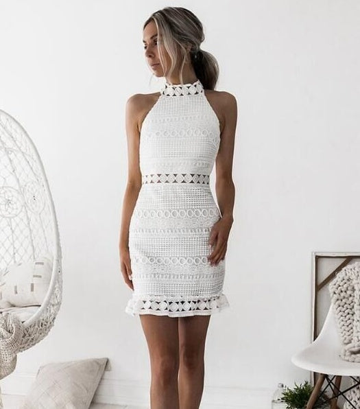 Amazon''s Water Soluble Crocheted Sleeveless Hip High-necked Lace Dresses
