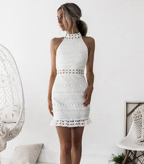 Amazon''s Water Soluble Crocheted Sleeveless Hip High-necked Lace Dresses
